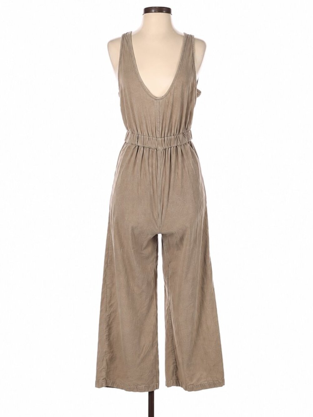 Love Riche 100% Cotton Plunge Wide Leg Jumpsuit Tan Sleeveless Size M